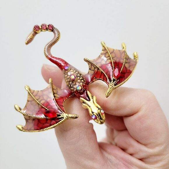 Brand New Gold Tone Red Flying Dragon Rhinestone Brooch Pin - Picture 6 of 9